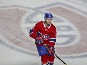 Canadiens defenceman Karl Alzner skates past centre ice during warmup before game against the Florida Panthers at the Bell Centre in Montreal on Oct. 24, 2017.