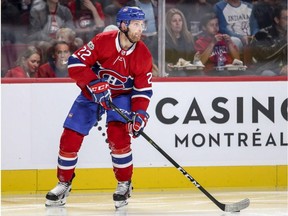 Canadiens defenceman Karl Alzner looks to make a pass during second period of National Hockey League game against the Florida Panthers in Montreal Friday September 29, 2017.