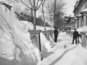 Snow-covered Ste. Catherine St. sidewalk in 1869.