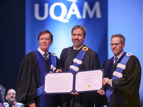 Denis Villeneuve with UQAM’s Robert Proulx, left, and Gaby Hsab during graduation ceremony on Tuesday. “It touches me profoundly,” Villeneuve says of his honorary doctorate.