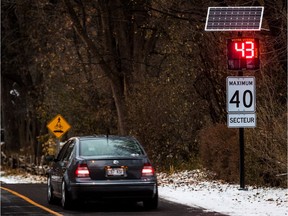 One of Senneville's new speed indicators lets a driver know how fast he is going on Senneville Road on Sunday.