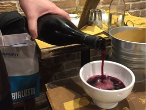 What's the best thing to drink with charcuterie and Parmesan cheese? Lambrusco, especially when served in soup bowls.