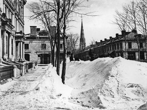 Snow in Beaver Hall Hill Square, Montreal, about 1870.