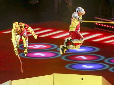 Skaters fly off ramps during the debut of Cirque du Soleil's latest production Crystal at the Bell Centre in Montreal Wednesday Dec. 20, 2017.