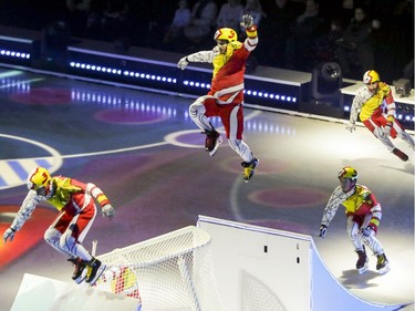 Skaters fly off ramps during the debut of Cirque du Soleil's latest production Crystal at the Bell Centre in Montreal Wednesday Dec. 20, 2017.