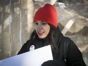 Jessica Quijano is seen at a demonstration on International Day to End Violence Against Sex Workers at Cabot Square in Montreal on Sunday, Dec. 17, 2017.