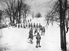 Members of the Montreal Snow Shoe Club snowshoeing on Mount Royal, 1879.