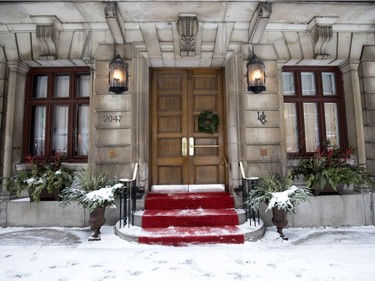 The main entrance to the University Club in Montreal on Tuesday December 19, 2017. The club's venerable Mansfield St. building is for sale.