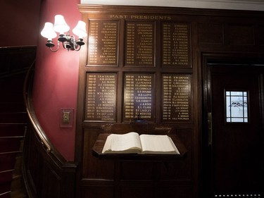The register and list of past presidents next to the main staircase at the University Club in Montreal on Tuesday December 19, 2017.