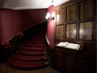 The register and list of past presidents next to the main staircase at the University Club of Montreal on Tuesday December 19, 2017. The club's venerable Mansfield St. building is for sale.