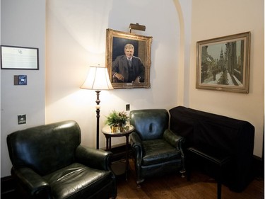 The Stephen Leacock corner on the second floor of the University Club of Montreal. Portrait by Richard Jack. The writer and professor was a co-founder of the University Club of Montreal, established in 1907.