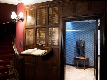 A club blazer on a mannequin in the men's cloakroom at the University Club of Montreal.  Montreal on Tuesday December 19, 2017.  The venerable Mansfield St. clubhouse, built in 1913, is for sale.