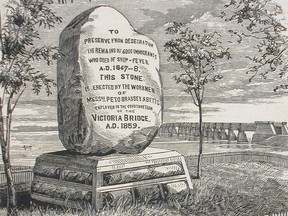 The Irish Commemorative Stone (also known as the Ship Fever Monument, the Irish Stone or the Black Stone) was erected near the Victoria Bridge in 1859 to commemorate the 6,000 Irish immigrants who died during the typhus epidemic of 1847.
