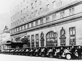 Murray Hill limousines parked outside the Montreal Ritz Carlton Hotel, circa 1930.