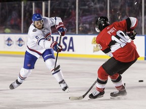 Shea Weber #6 of the Montreal Canadiens fires a shot against Tom Pyatt #10 of the Ottawa Senators at the 2017 Scotiabank NHL 100 Classic at Lansdowne Park on December 16, 2017 in Ottawa, Canada.