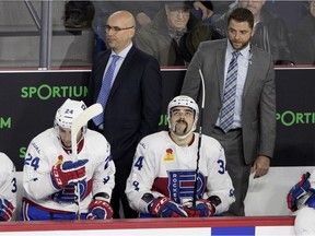 Laval Rockets head coach Sylvain Lefebvre, left and assistant coach Nick Carriere watch a line change during AHL action against the Lehigh Valley Phantoms in Montreal on Friday November 17, 2017.