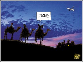Three wise men and a drone: 2014 Christmas editorial cartoon card drawn by Terry Mosher, a.k.a. Aislin.