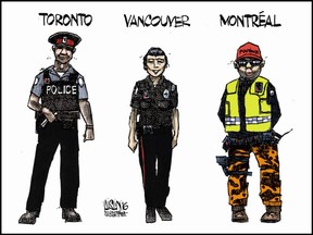 This 2016 Aislin cartoon features Montreal wearing camouflage pants during a lengthy protest about the provincial government's pension reform legislation. The protest started in 2014.