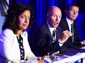 In October 2017, Quebec Minister of Economy, Science and Innovation Dominique Anglade, left to right, with Bombardier president and CEO Alain Bellemare and and Canadian CEO of North America for Airbus Helicopters Romain Trapp.