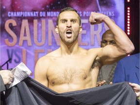 Challenger David Lemieux, from Laval Que. reacts after the official weigh-in Friday, December 15, 2017 in Laval, Que. Lemieux will face champion Billy Joe Saunders, from Great Britain, Saturday, Dec. 16. 2017 for the WBO middleweight championship.
