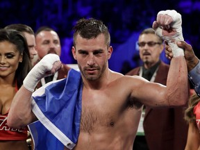 David Lemieux, of Canada, celebrates his win against Marco Reyes, of Mexico, during their middleweight boxing match, Saturday, May 6, 2017, in Las Vegas.