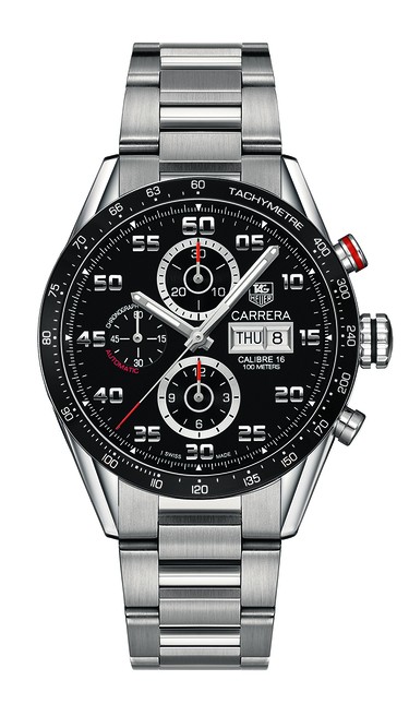 Beat the clock with the Tag Heuer Carrera Calibre 16 Day-Date Automatic Chronograph. The latest from the company famous for the first chronograph designed for professional race drivers. $5,650.