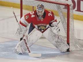 Florida Panthers goaltender James Reimer warms before game against the Philadelphia Flyers on Dec. 28, 2017, in Sunrise, Fla.