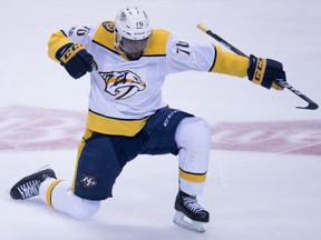 Nashville Predators defenceman P.K. Subban (76) celebrates his goal during second period NHL action against the Vancouver Canucks, in Vancouver, Wednesday, Dec. 13, 2017.