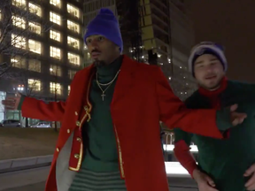Anthony Jackson-hamel and Samuel Piette trying to be elves in the Montreal Impact's Christmas video