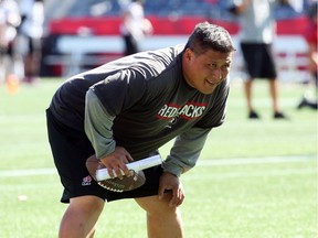 Former Ottawa Redblacks offensive line coach Bryan Chiu during practice at TD Place in  Ottawa on Sept. 24, 2015.