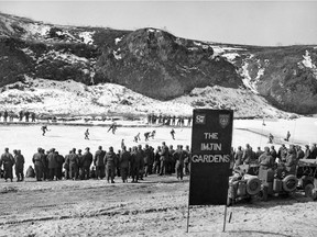 Imjin Gardens is the scene of a hockey game between teams of the Royal Canadian Horse Artillery officers and "Van Doos" officers in Korea in 1952. Photo: Library and Archives Canada