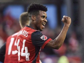 Toronto FC forward Raheem Edwards (44) celebrates a goal by Jozy Altidore against the Houston Dynamo during first half MLS soccer action in Toronto on Friday, April 28, 2017. It's been four days and three teams since Raheem Edwards celebrated winning the MLS Cup final with Toronto FC. The 22-year-old wingback from Mississauga found himself, briefly, a member of Los Angeles FC when he was taken with the fifth and last pick of Tuesday's expansion draft. LAFC promptly flipped Edwards and Finnish defender Jukka Raitala, taken fourth from Columbus, to Montreal for star defender Laurent Ciman.