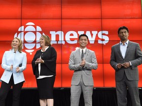 Adrienne Arsenault, Rosemary Barton, Andrew Chang and Ian Hanomansing are the new hosts of "The National," at a news conference in Toronto, Tuesday, Aug.1, 2017.