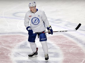 Lightning defenceman Mikhail Sergachev skates on the Bell Centre ice during Tampa Bay's practice on Thursday, Jan. 4.