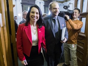 Montreal Mayor Valerie Plante leaves conference room with executive committee chairman Benoit Dorais after delivering her administration's first budget in Montreal Wednesday January 10, 2018.