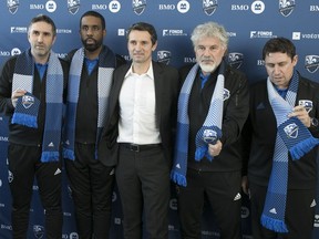 Impact coach Rémi Garde, centre, after  announcing the new coaching staff for the coming season in Montreal on Wednesday January 10, 2018. From left are: Maxence Flachez, Wilfried Nancy, Joël Bats and Robert Duverne.