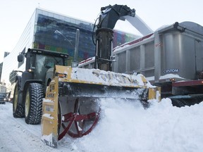 Montreal is spending $5.3 million to rent 10 extra-powerful snowblowers for the next two months. Here is one of the existing snowblowers at work on Viger Ave. in January.