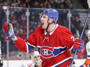 Canadiens' Nicolas Deslauriers celebrates his goal against the New York Islanders Monday night at the Bell Centre. THe fourth-line forward now has six goals in 24 games.