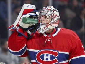 Montreal Canadiens Carey Price takes a drink during second period of National Hockey League game against the New York Islanders in Montreal Monday January 15, 2018.