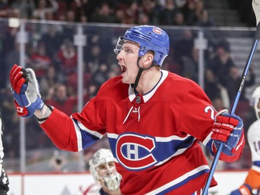 Montreal Canadiens Nicolas Deslauriers celebrates his goal against the N.Y. Islanders during first period of National Hockey League game in Montreal Monday Jan. 15, 2018.