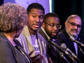 Former Montreal Impact captain Patrice Bernier unveils plans for the Patrice Bernier and Friends indoor soccer fundraiser to benefit La Maison d'Haiti on Tuesday Jan. 16, 2018. From left are Maison d'Haiti's Marjorie Villefranche, Bernier, Alexandre Kenol and Kambiz Ebadi.