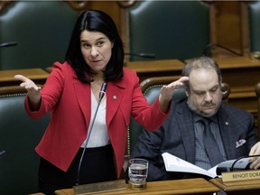 Valerie Plante, mayor of Montreal, speaks during the Montreal Agglomeration Council meeting at the Montreal city hall Jan. 10, 2018. Benoit Dorais sits next to her.