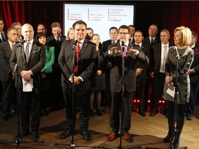 Representatives of 25 Chambers of commerce from across North America speak to the media in Montreal, Jan. 22, 2018. Left to right: Michel Leblanc, president and CEO of the Chamber of Commerce of Metropolitan Montreal; Ruben Sanchez, Confederation of Chamber of Commerce, Services and Tourism of Mexico; Richard Perez, president and CEO of San Antonio Chamber of Commerce; and Janet DeSilva, president and CEO of the Toronto Region Board of Trade.