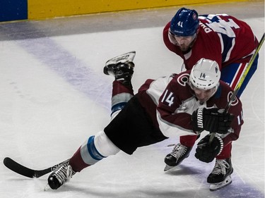 Montreal Canadiens left wing Paul Byron (41) received 2 minutes for tripping Colorado Avalanche left wing Blake Comeau (14) during 2nd period NHL action at the Bell Centre in Montreal, on Tuesday, Jan. 23, 2018.