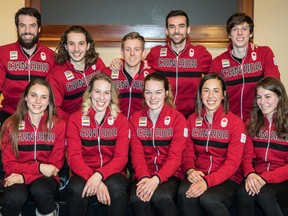 Speed Skating Canada announced its short-track Olympic speed skating team on Wednesday.
Men's squad, from left, Charles Hamelin, Samuel Girard, Pascal Dion, François Hamelin and Charle Cournoyer. The women, from left, Kasandra Bradette, Marianne St-Gelais, Kim Boutin, Valérie Maltais and Jamie Macdonald.