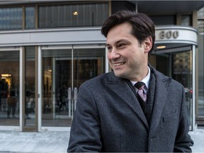 Bombardier's Olivier Marcil, vice president of external relations, held a press conference outside company's downtown office on Friday.