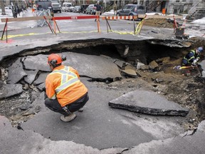 Sinkhole at the corner of Laval St. and Square St-Louis in Montreal in March 2016 was caused by a water main break.