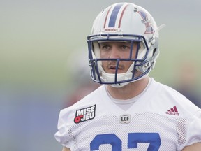 Long-snapper Martin Bédard takes part in the Montreal Alouettes' training camp at Bishop's University in Lennoxville on May 29, 2016.