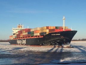 The Ottawa Express, operated by the global shipping firm of Hapag-Lloyd, crossed the downstream limits of the port at Sorel at 11:55 a.m. on Monday, Jan. 1, 2018. It had left the Port of Liverpool on Dec. 21.