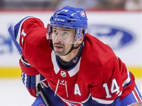 Canadiens' Tomas Plekanec lines up for the  during third period of National Hockey League game against the Florida Panthers in Montreal Friday September 29, 2017.